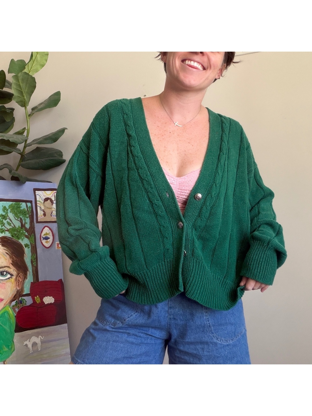 Vintage 80s cardigan green cable knit cardigan